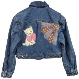 Upcycled Cropped Denim Jacket Small Antique Grandma Fan And Cat Kitten Patchwork